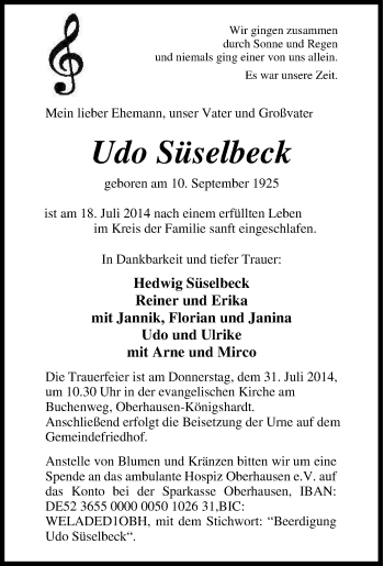 Traueranzeige von Udo Süselbeck von Tageszeitung