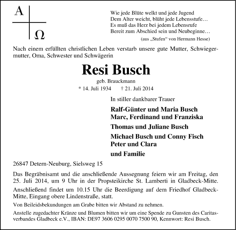  Traueranzeige für Resi Busch  vom 24.07.2014 aus Tageszeitung