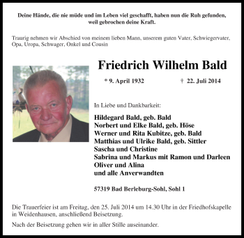 Traueranzeige von Friedrich Wilhelm Bald von Tageszeitung