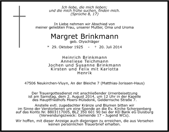 Traueranzeige von Margret Brinkmann von Tageszeitung