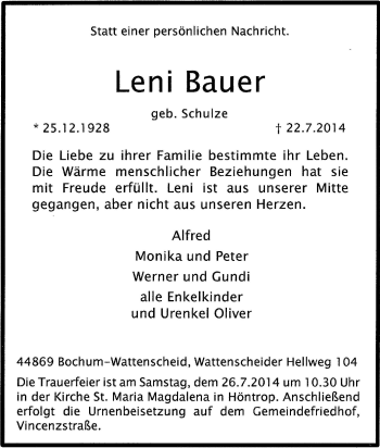 Traueranzeige von Leni Bauer von Tageszeitung