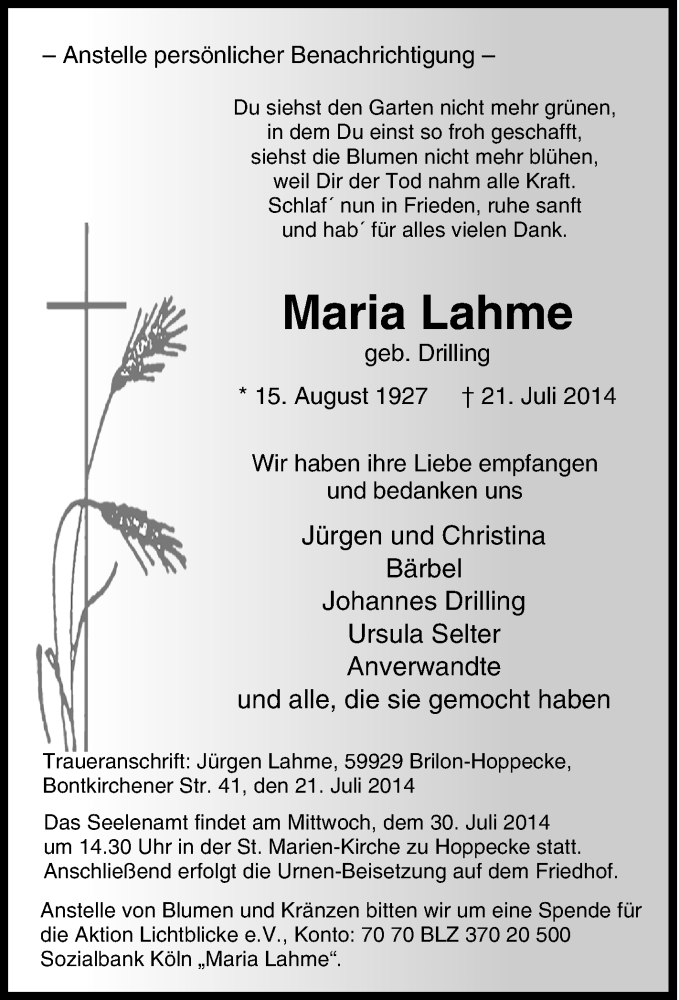  Traueranzeige für Maria Lahme vom 26.07.2014 aus Tageszeitung