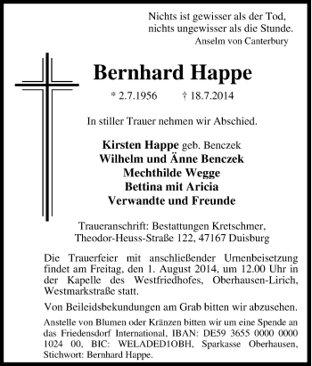 Traueranzeige von LBernhard Happe von Tageszeitung