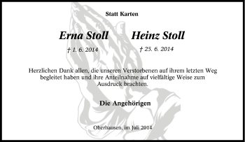 Traueranzeige von Erna und Heinz Stoll von Tageszeitung