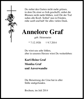 Traueranzeige von Annelore Graf von Tageszeitung
