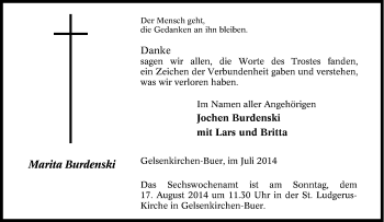 Traueranzeige von Marita Burdenski von Tageszeitung