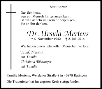 Traueranzeige von Ursula Mertens von Tageszeitung