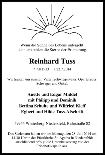 Traueranzeige von Reinhard Tuss von Tageszeitung