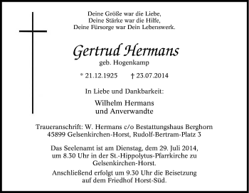 Traueranzeige von Gertrud Hermans von Tageszeitung