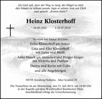 Traueranzeige von Heinz Klosterhoff von Tageszeitung