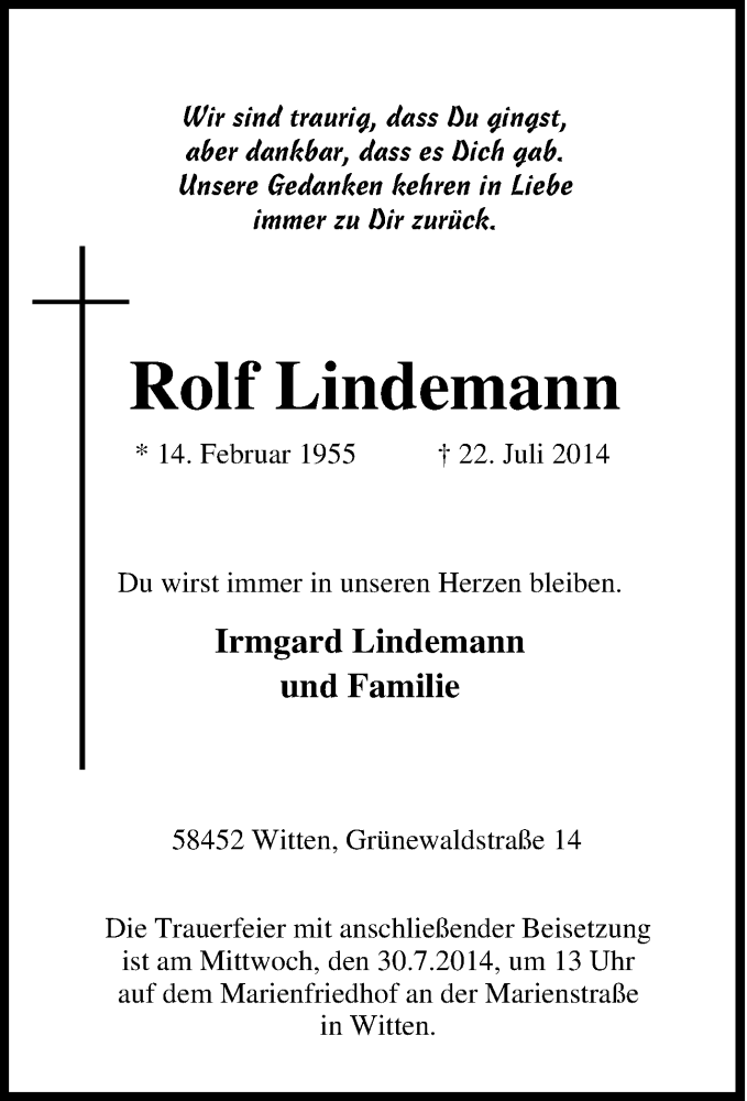  Traueranzeige für Rolf Lindemann vom 26.07.2014 aus Tageszeitung