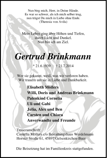 Traueranzeige von Gertrud Brinkmann von Tageszeitung