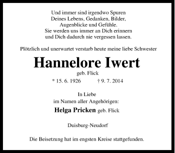 Traueranzeige von Hannelore Iwert von Tageszeitung