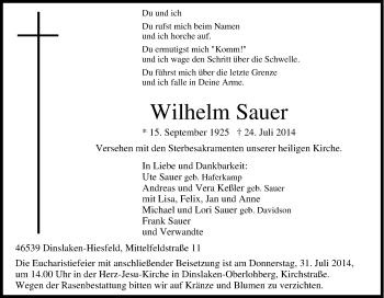 Traueranzeige von Wilhelm Sauer von Tageszeitung