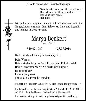 Traueranzeige von Marga Benkert von Tageszeitung