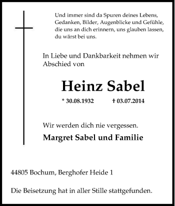 Traueranzeige von Heinz Sabel von Tageszeitung