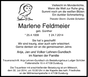 Traueranzeige von Marlene Feldmeier von Tageszeitung