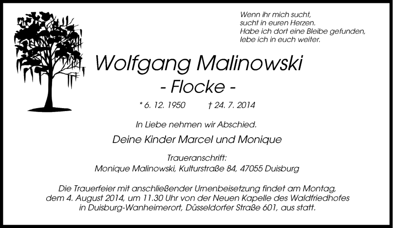 Traueranzeige für Wolfgang Malinowski vom 30.07.2014 aus Tageszeitung