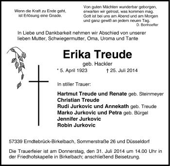 Traueranzeige von Erika Treude von Tageszeitung