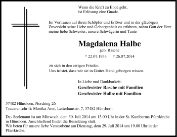 Traueranzeige von Magdalena Halbe von Tageszeitung