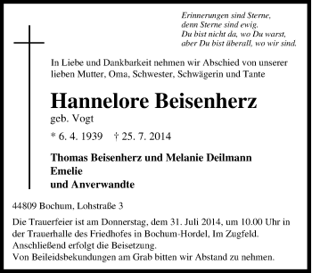 Traueranzeige von Hannelore Beisenherz von Tageszeitung