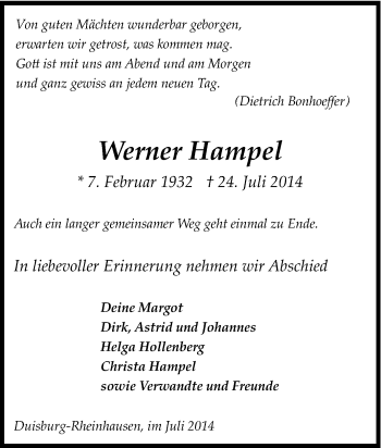 Traueranzeige von Werner Hampel von Tageszeitung