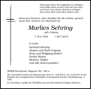 Traueranzeige von Marlies Sehring von Tageszeitung