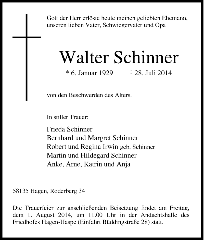  Traueranzeige für Walter Schinner vom 29.07.2014 aus Tageszeitung
