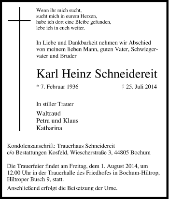 Traueranzeige von Karl Heinz Schneidereit von Tageszeitung