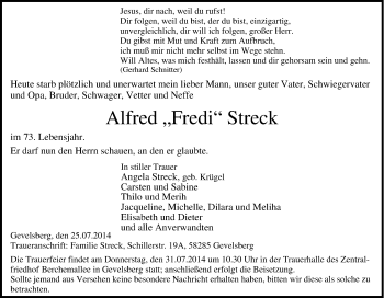 Traueranzeige von Alfred Streck von Tageszeitung