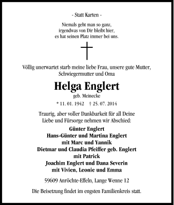 Traueranzeige von Helga Englert von Tageszeitung