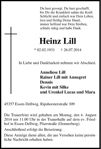 Traueranzeige von Heinz Lill von Tageszeitung