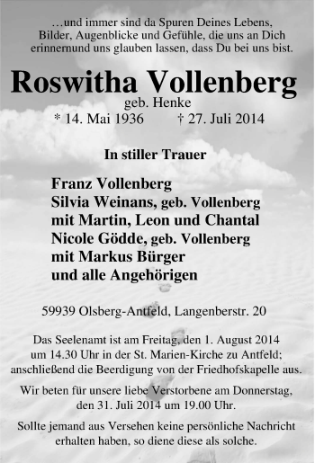 Traueranzeige von Roswitha Vollenberg von Tageszeitung