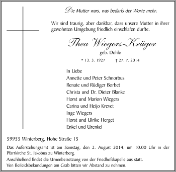 Traueranzeige von Thea Wiegers-Krüger von Tageszeitung