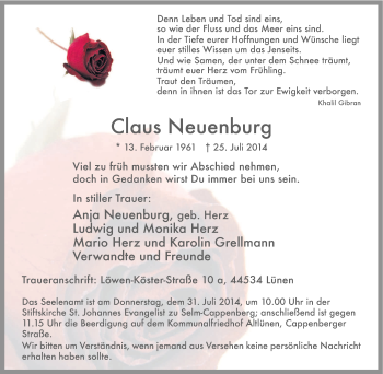 Traueranzeige von Claus Neuenburg von Tageszeitung