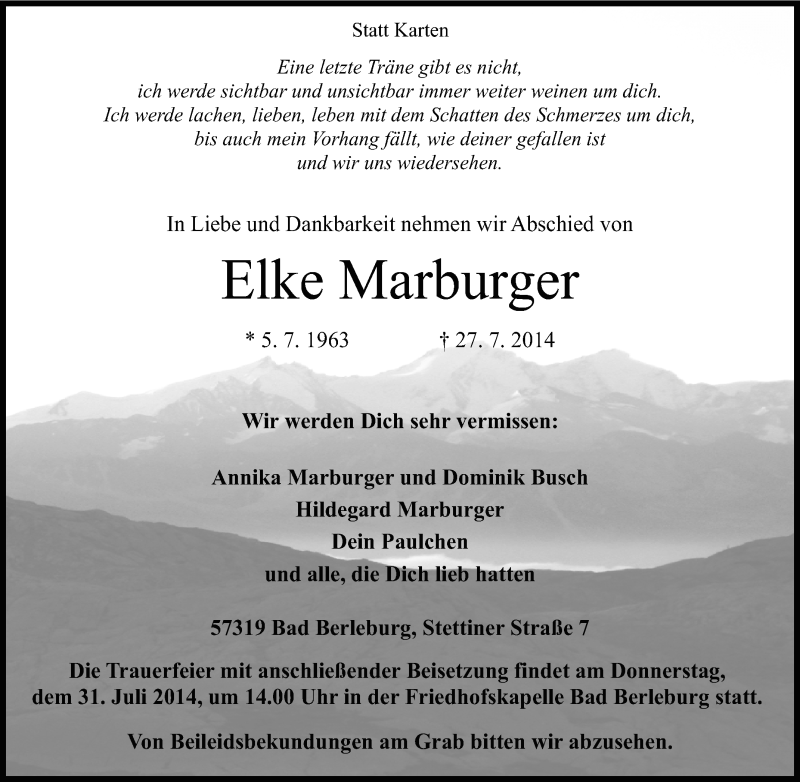  Traueranzeige für Elke Marburger vom 29.07.2014 aus Tageszeitung