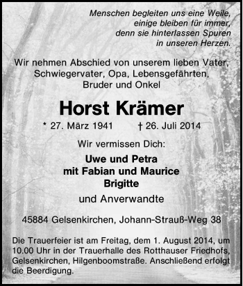 Traueranzeige von Horst Krämer von Tageszeitung