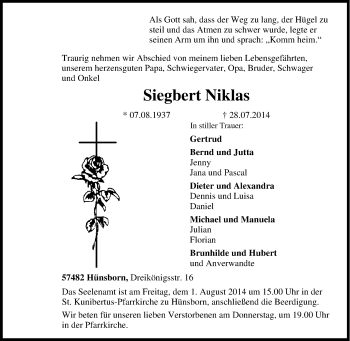 Traueranzeige von Siegbert Niklas von Tageszeitung