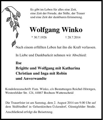 Traueranzeige von Wolfgang Winko von Tageszeitung