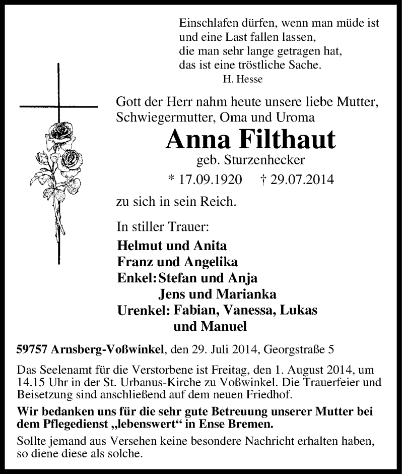  Traueranzeige für Anna  Filthaut vom 31.07.2014 aus Tageszeitung