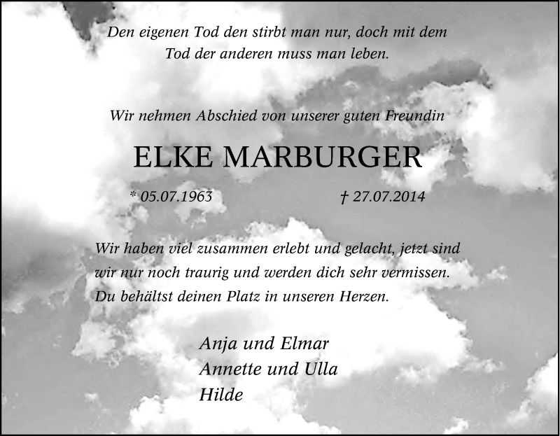  Traueranzeige für Elke Marburger vom 30.07.2014 aus Tageszeitung