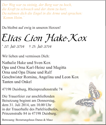 Traueranzeige von Elias Lion Hake-Kox von Tageszeitung