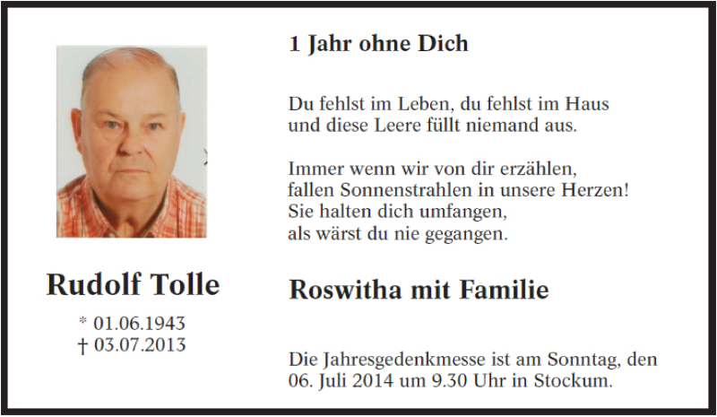  Traueranzeige für Rudolf Tolle vom 03.07.2014 aus Tageszeitung
