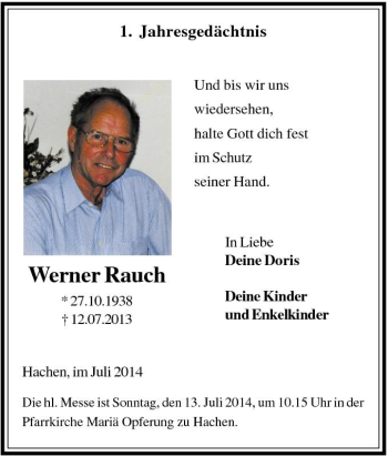 Traueranzeige von Werner Rauch von Tageszeitung