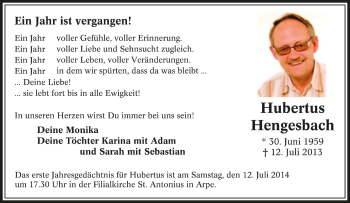 Traueranzeige von Hubertus Hengesbach von Tageszeitung