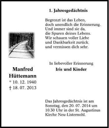 Traueranzeige von Manfred Hüttemann von Tageszeitung