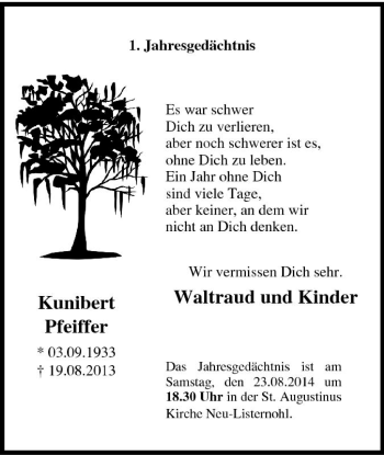 Traueranzeige von Kunibert Pfeiffer von Tageszeitung
