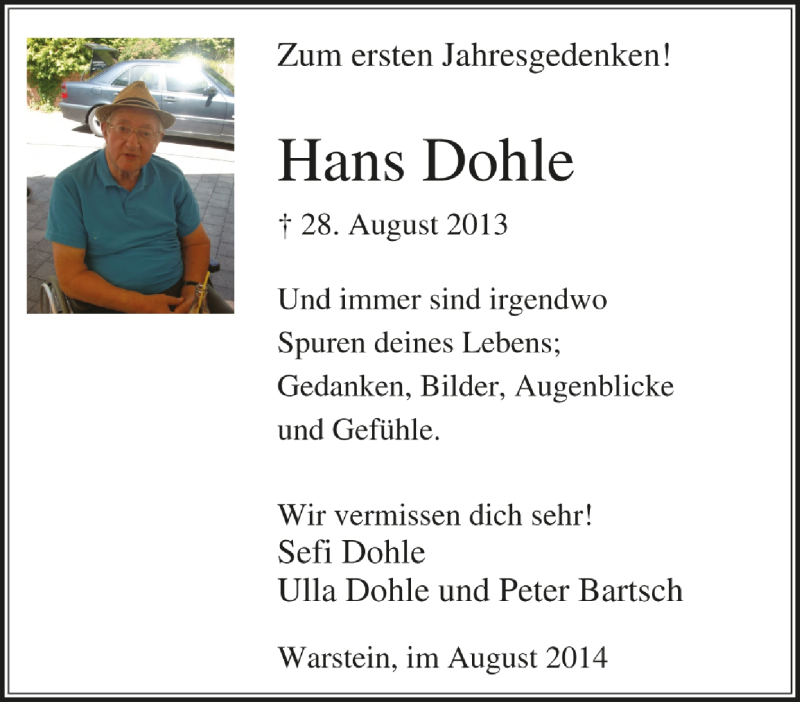  Traueranzeige für Hans Dohle vom 28.08.2014 aus Tageszeitung
