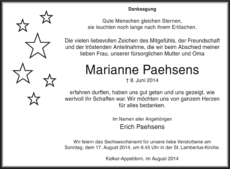  Traueranzeige für Marianne Paehsens vom 09.08.2014 aus Tageszeitung