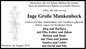 Traueranzeige von Inge Große Munkenbeck von Tageszeitung